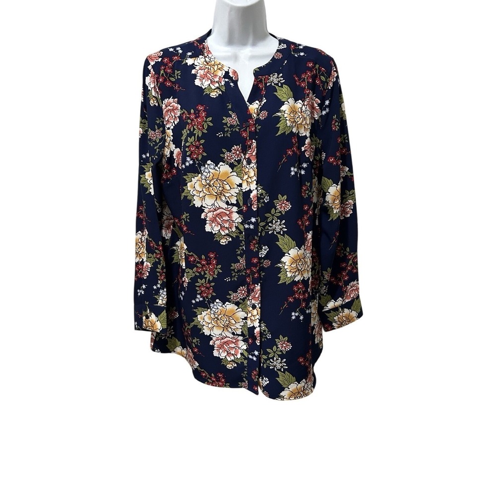 D&Co Denim Company Navy Floral Print Button Down Shirt Women's Medium - Picture 2 of 6
